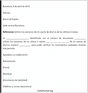 Carta al banco solicitando extractos  Estado de cuenta bancario