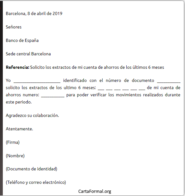 Carta al banco solicitando extractos - Estado de cuenta bancario